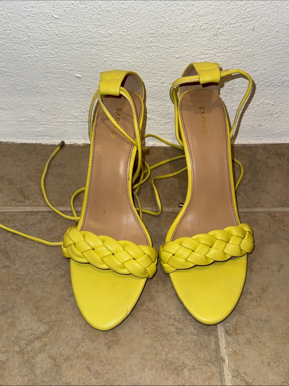 Express Braided Strap Lace-Up Heels in Bright Yellow